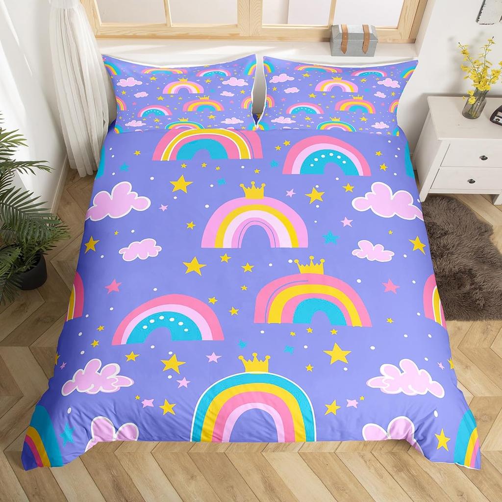 Rainbow Comforter Cover Watercolor Hand Drawn Duvet Cover Cartoon Raindrop Kawaii Bedding Set Girl Crown Love Hearts Quilt Cover