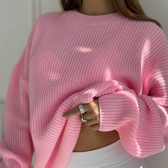 Women Pullover Sweater Round Neck Long Sleeve Elastic Fabric Knitting Tops Solid Color Loose Fit Sweater Tops