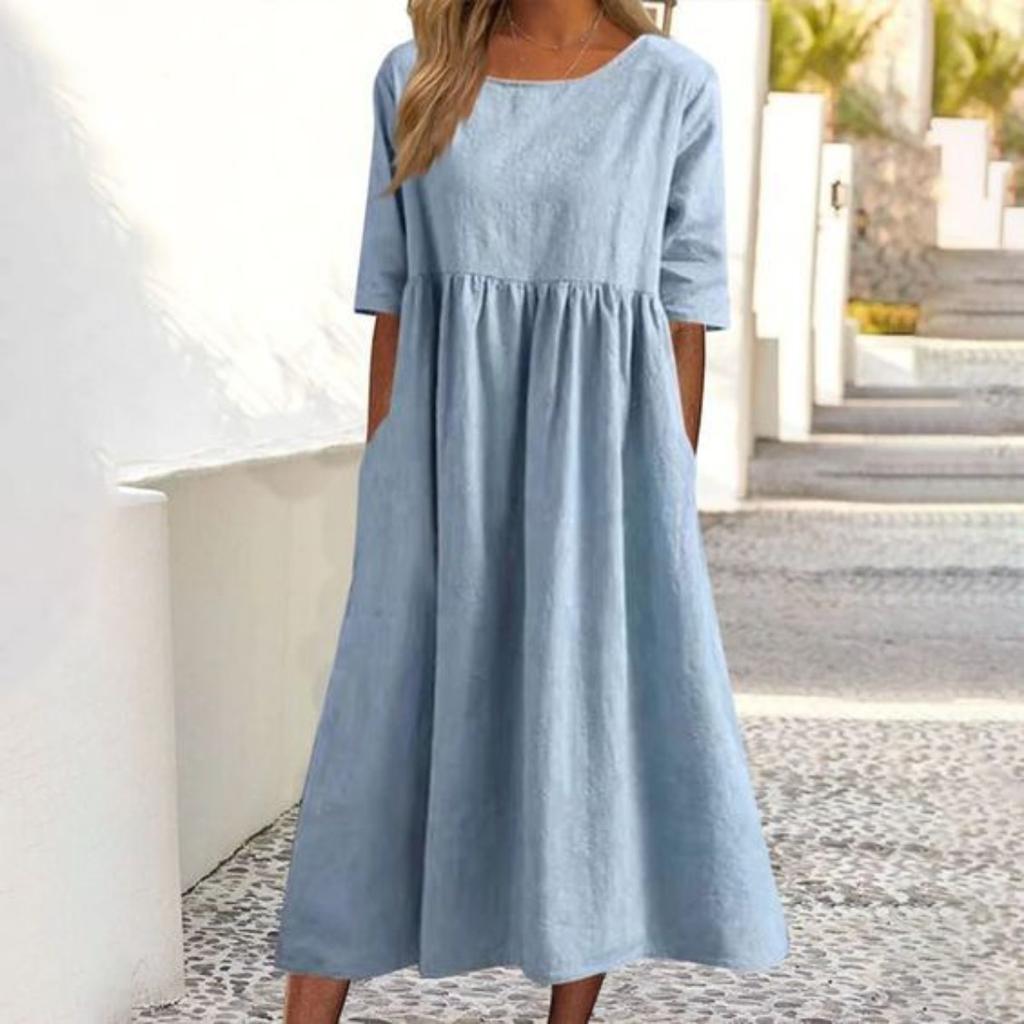 Summer Cotton and Linen Casual Short Sleeve Pocket Pleated Loose O-Neck Dress