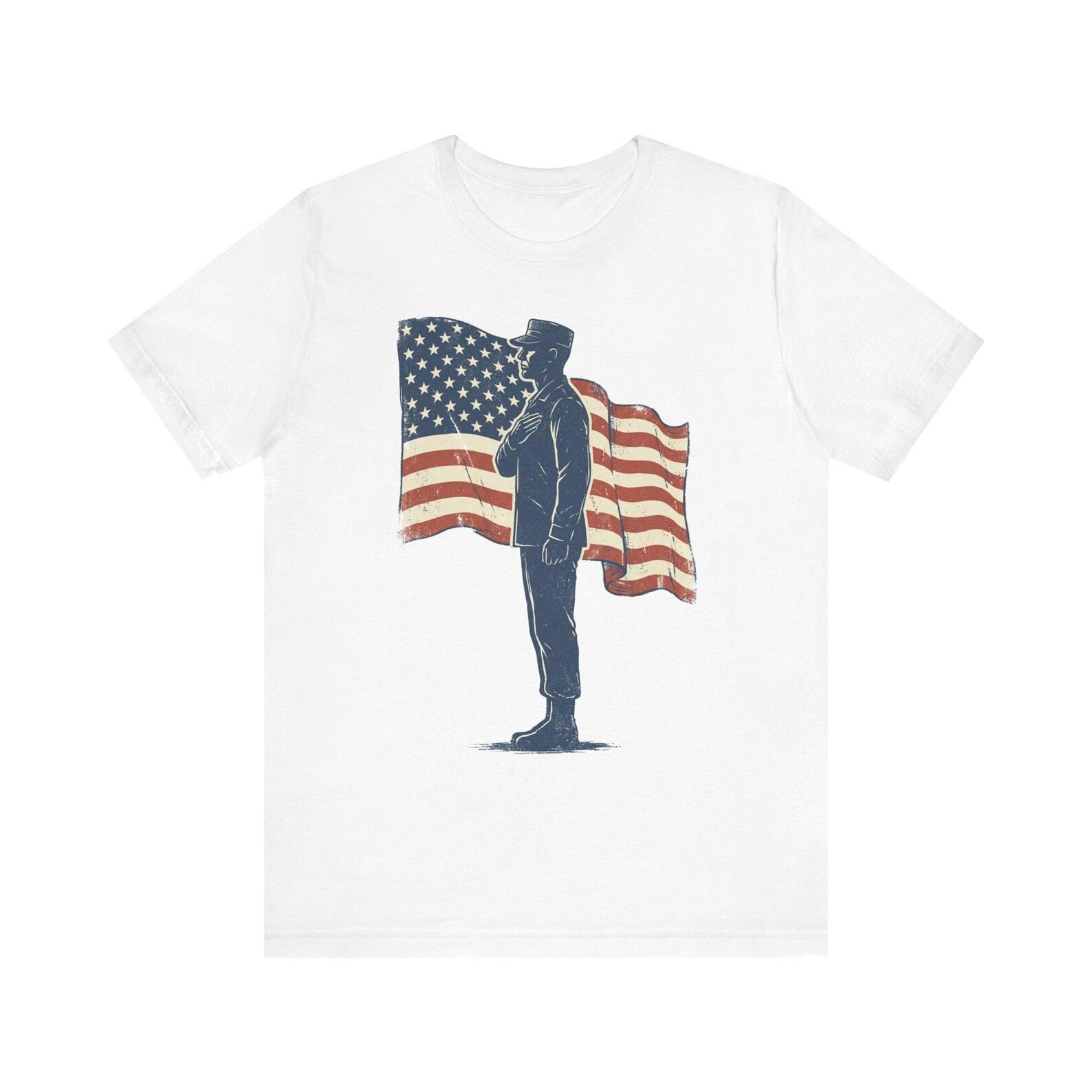 Patriotic Soldier Silhouette Salute T-Shirt | American Flag Vintage Military Tribute S