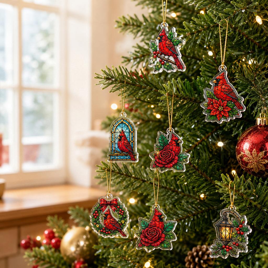 Red Bird Countdown Acrylic Pendant, 2D Flat Colored Glass Design, Hanging Ornament with Gift Box