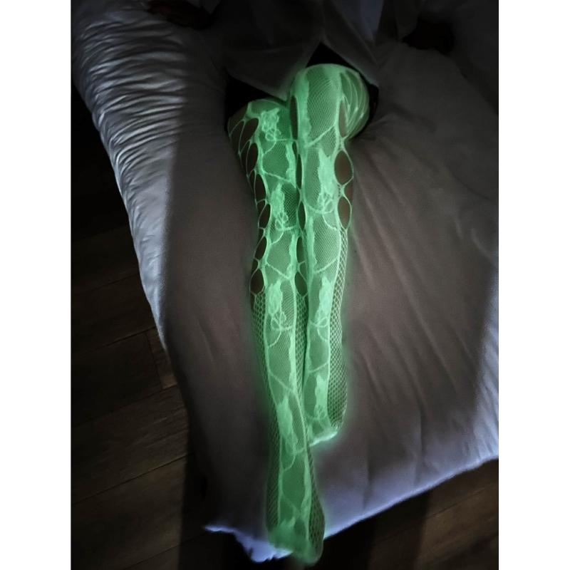 Luminous Glowing Jumpsuit Socks Stockings Fishnet Tights High Waist Fishnet Leggings Thigh Highs Stocking for Women Girl