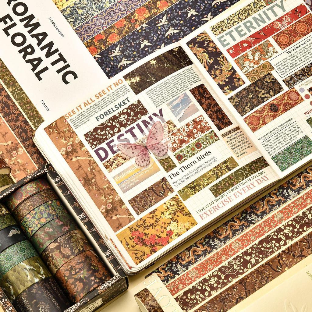 12 rolls/box Retro Landscape Washi Tape Creative Floral Mountain Crane Design Sticker Rolls Scrapbook Gift Wrapping