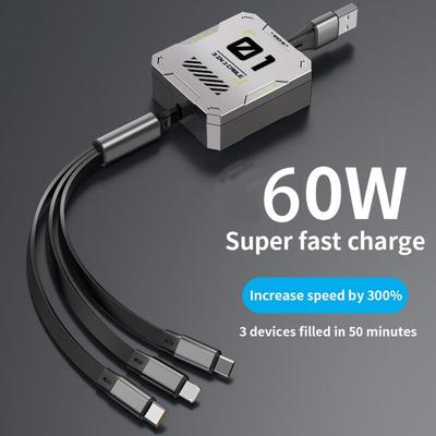 3 v 1 Multi Zatahovací USB Telefon 60W Rychlé Nabíjení a Datový Kabel pro Zařízení Lightning/Android/Type-C
