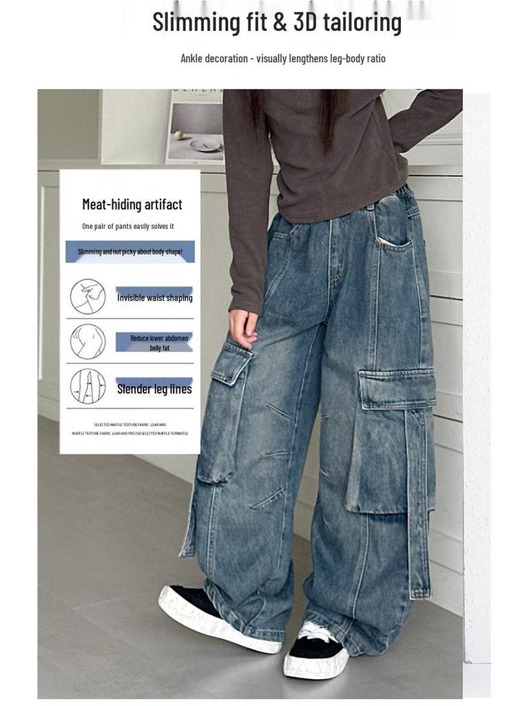Girls' Retro Wide-Leg Cargo Jeans with Big Pockets - Distressed Loose Fit for Spring & Autumn