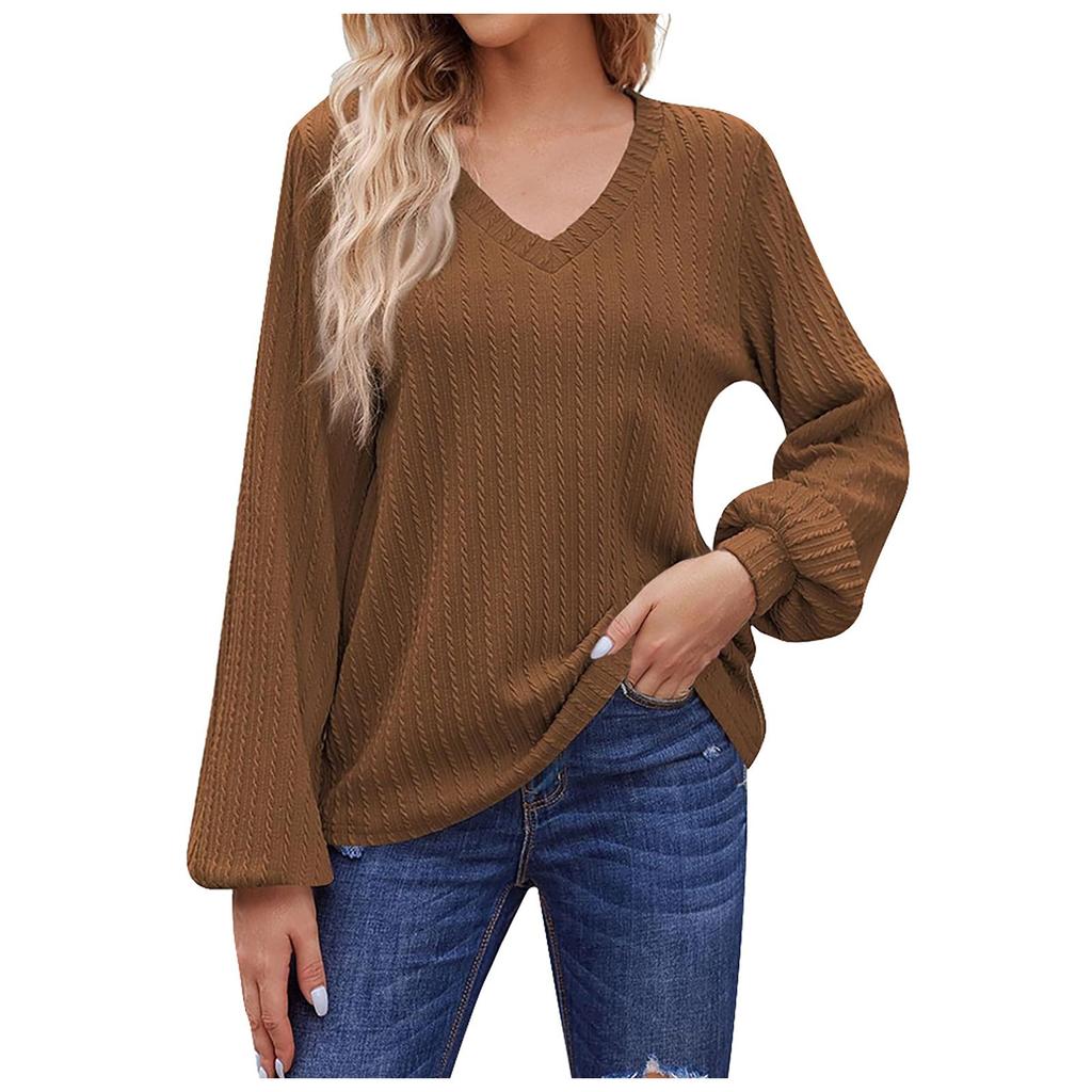 Women's Casual Loose Fitting Solid V-neck Long Sleeved V-neck T-shirt Women's Top