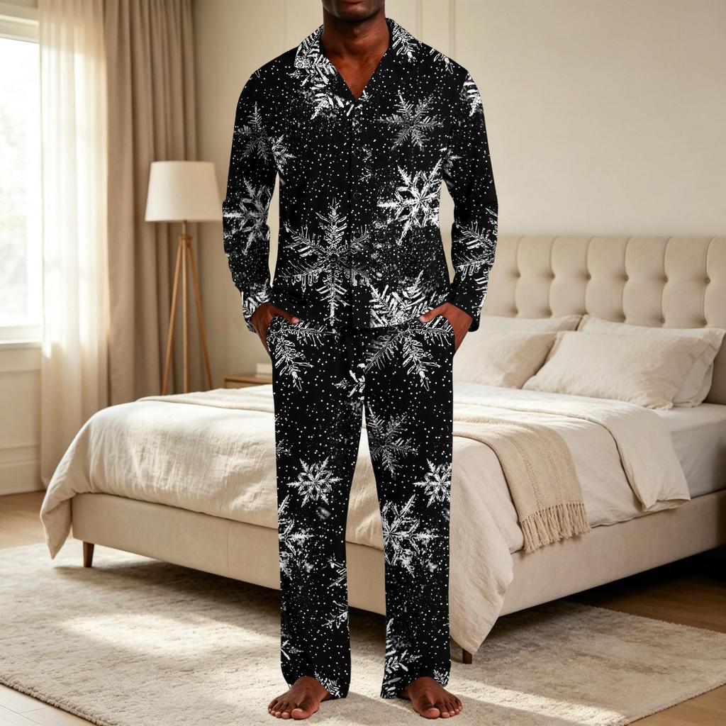 Men's Christmas Pajama Set with Button Down Shirt and Straight Leg Pants, Casual Print Sleepwear Two Piece Outfit, Festive Holiday Loungewear