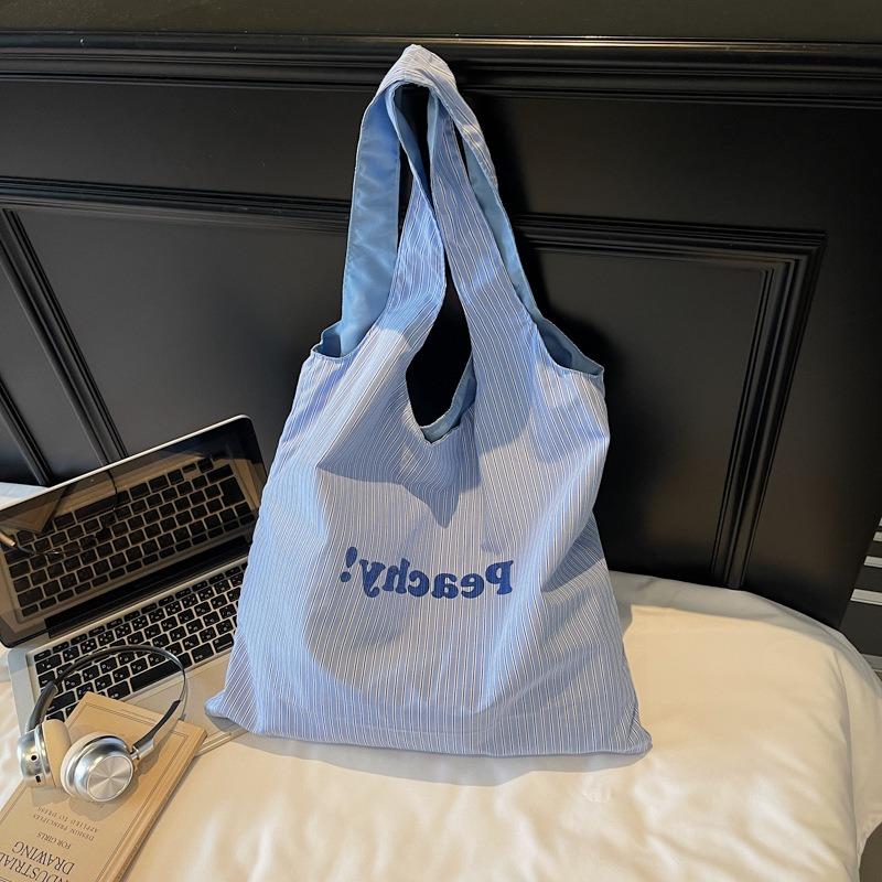 Single shoulder large capacity nylon bag striped letter printed cloth bag simple versatile fashion niche tote bag women