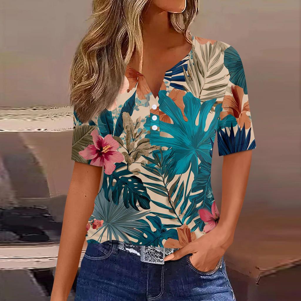 Women's fashionable casual Hawaiian print V-neck short-sleeved button-down T-shirt top