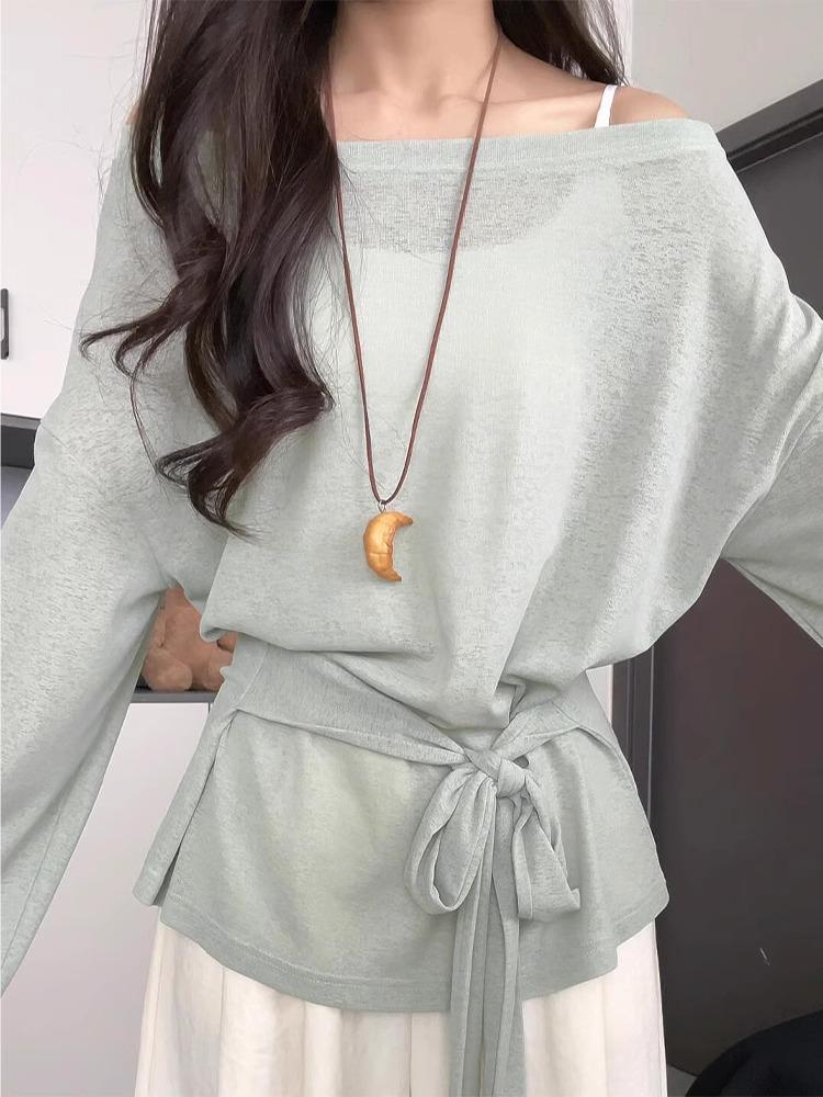 

Женский кардиган топ с открытыми плечами из ледяного шелка - Косой вырез, Длинный рукав, Слегка просвечивающий, Приталенный дизайн S Premium зелёный