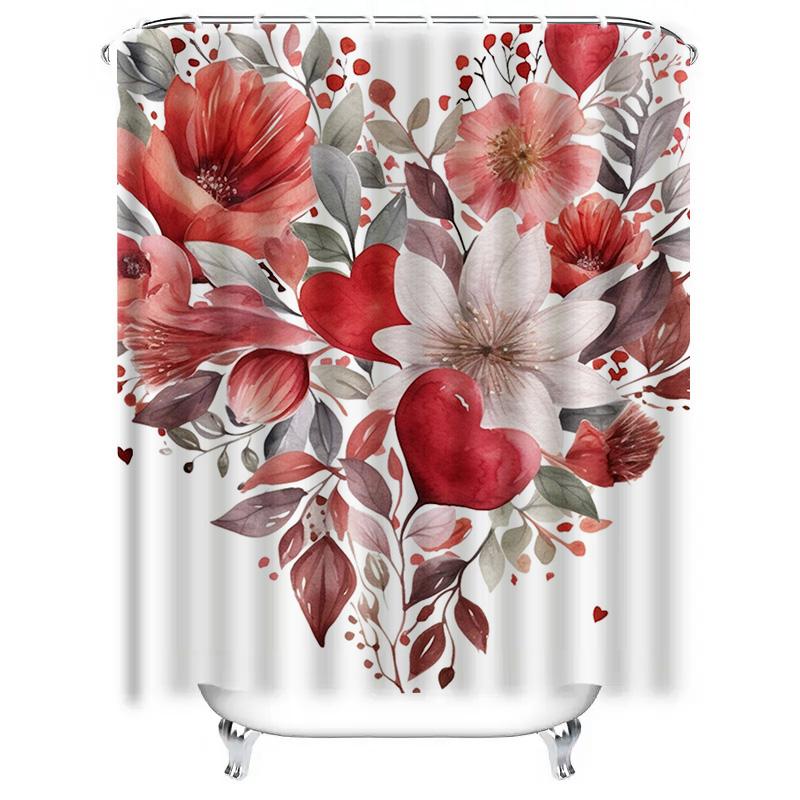 Romantic Red Floral Heart Shower Curtain - Waterproof, Mildew-Resistant, Machine Washable for Elegant Bathroom Decor