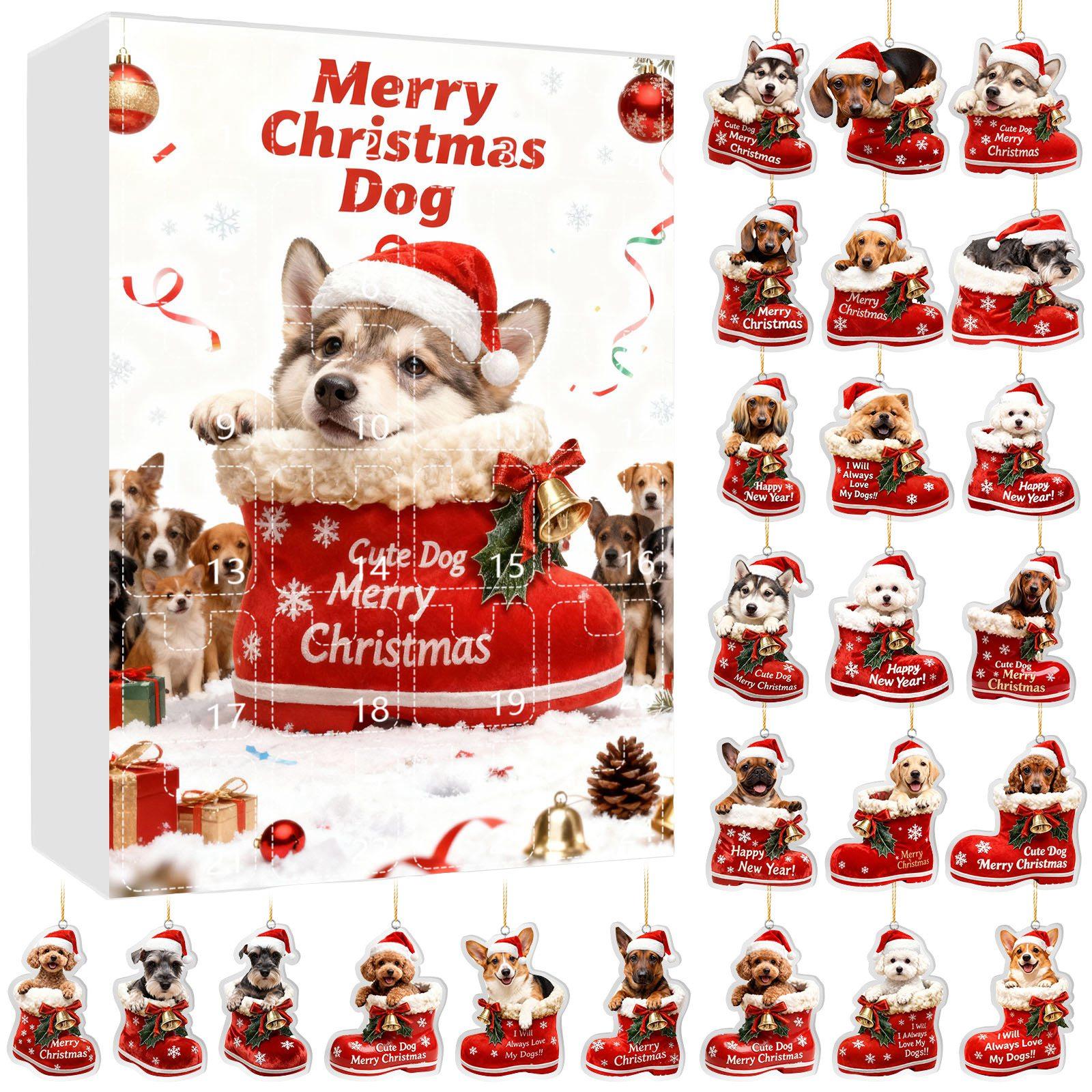 

Рождественский адвент-календарь для собак 24 рождественских украшения на собачью тематику Праздничный календарь обратного отсчета Собаки в красных ботинках Идеально для любителей домашних животных, владельцев домашних животных One Size