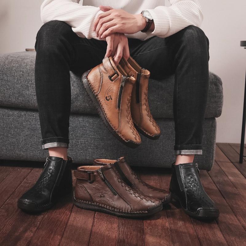 New Classic Handmade Leather Men Shoes Zipper Design Outdoor Sneakers Slip On Breathable Casual Shoes Leather Men Ankle Boots