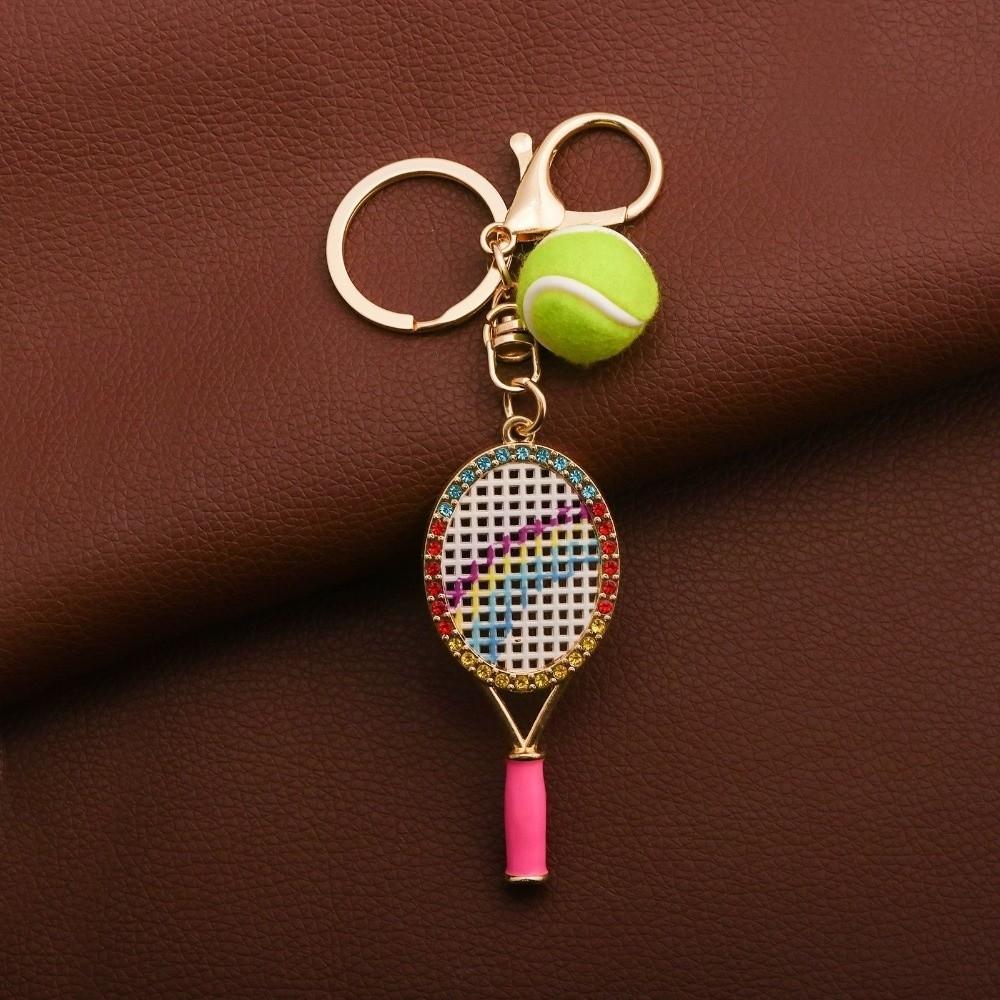 Alloy Inlaid Rhinestone Tennis Racket Keychain Mini Felt Ball Sports Keychain Pendant for Women