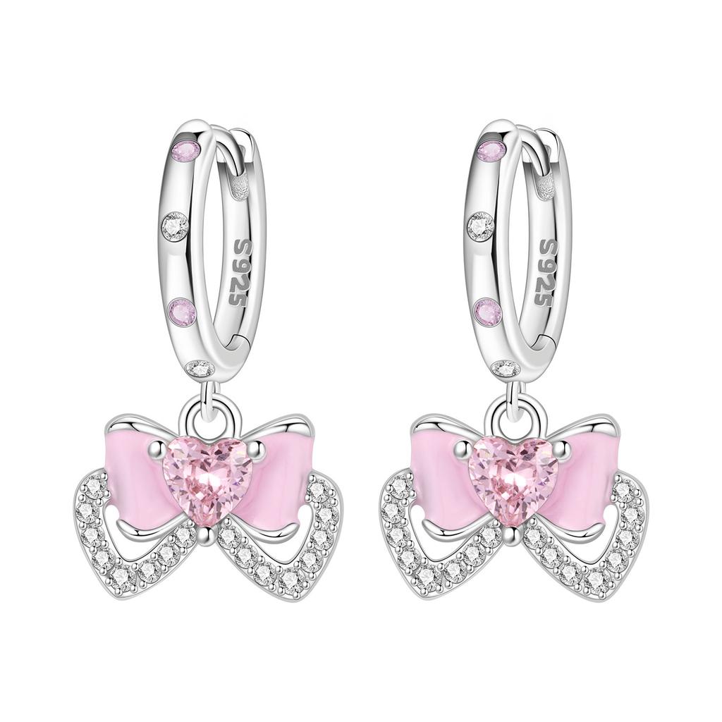 Original 925 Silver Zircon Pink Paw Print Earrings Heart Flower Leaf Design Women Party Jewelry Gift Ear Loops
