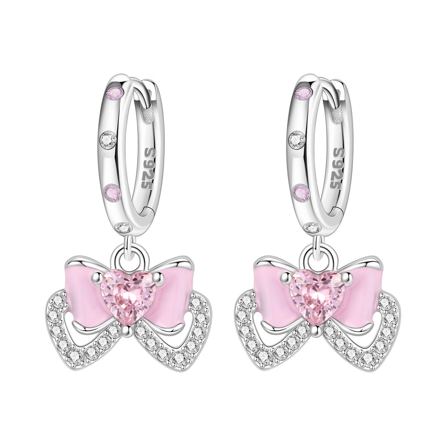 

925 Sterling Silver Sweet Pink Bow Drop Earrings Women Earrings Charm Fashion Versatile Party Jewelry Gifts