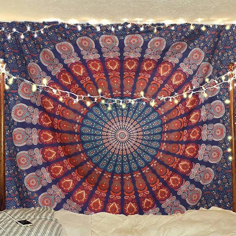 Indischer Hippie Bohemian psychedelisches Goldenes Blau Pfauen Mandala Wandbehang Feine Kunst Heimdekoration Wandteppich