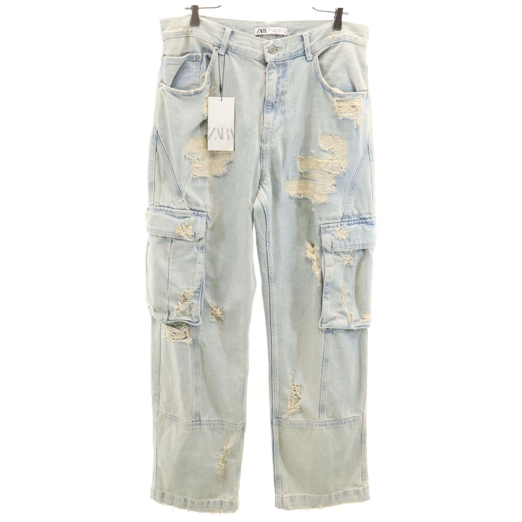 unused ZARA Vintage processed denim cargo pants 42 Ice blue Jeans Crush Women Used