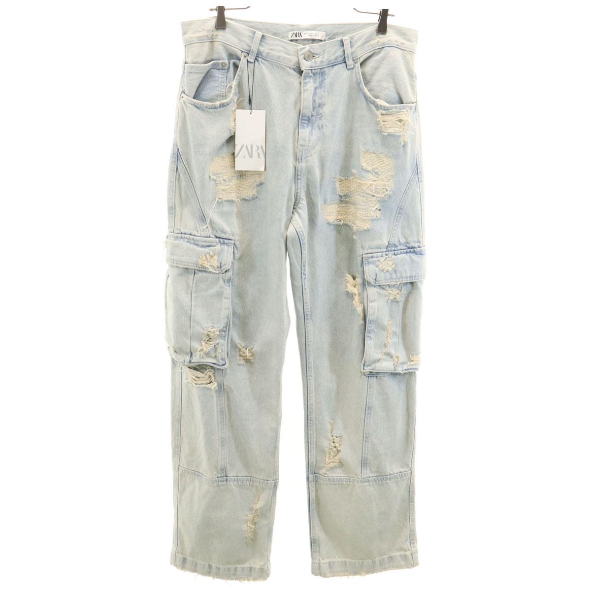 

неиспользованные ZARA Винтажные джинсы карго из обработанного денима 42 Ледяной синий Джинсы Потертость Женские Б/у