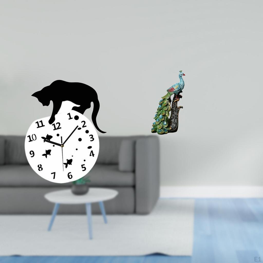 Silent Hanging Clock Cat Wall Peacock Statue Animal Sculpture Quiet Movement Living Room Non Ticking