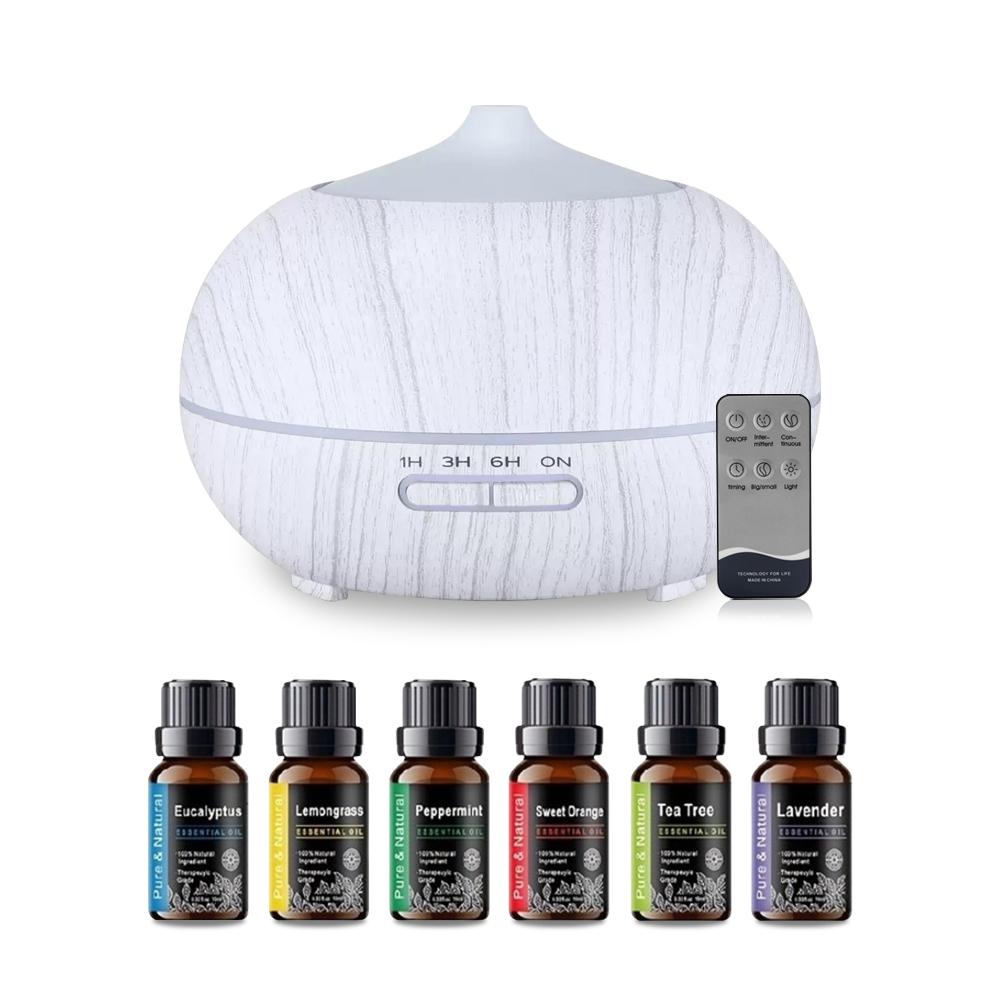 

Диффузор для дома Премиум 550 мл Диффузор эфирных масел с текстурой дерева с пультом дистанционного управления 7-цветный светодиодный ультразвуковой увлажнитель воздуха Включает 6 эссенций белый