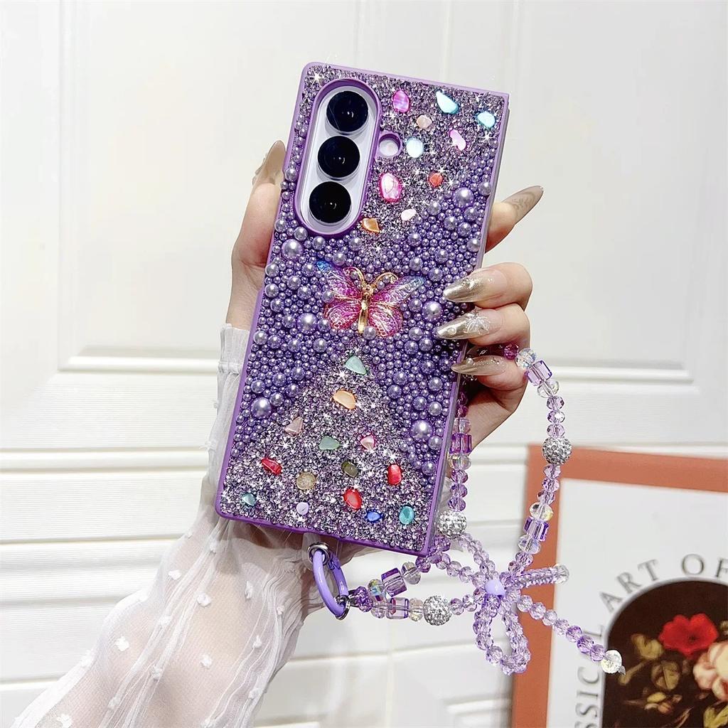 Bling Butterfly Bracelet Chain Phone Case for Samsung Galaxy Z Fold 7 6 5 4 Protective Cover with Strap