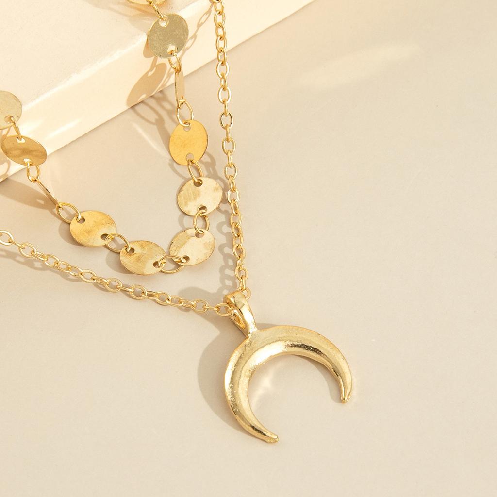 New double-layer disc crescent moon necklace moon pendant temperament fashionable and simple neck chain one pack