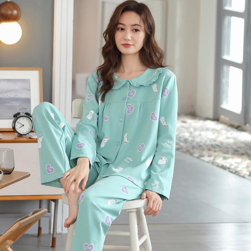 100% pure cotton pajamas women's long-sleeved printing set casual loose spring and autumn thin air-conditioned clothing loungewear can be worn outside