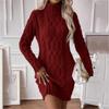 Women's Fashionable Casual Color Cable Knit Long-sleeved Turtleneck Sweater Dress