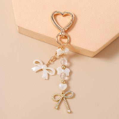 Cute Bowknot Love Heart Keychain Crystal Pearl Key Ring Pendants For Women Girls Handbag Decor Diy Handmade Key Chain Gifts