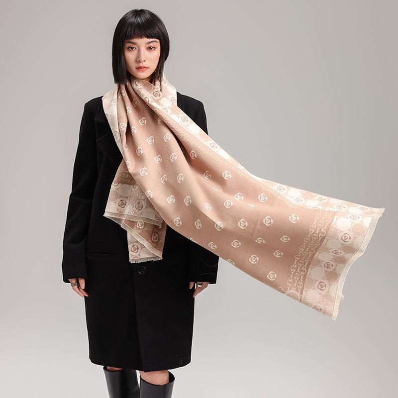 Imitation cashmere scarf girl style simple camellia printing double-sided soft breathable advanced sense