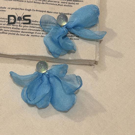 Women Mesh Petal Drop Earrings Handmade Large Chiffon Floral Dangle Earrings Vintage Stud Earrings for Vacation Wedding