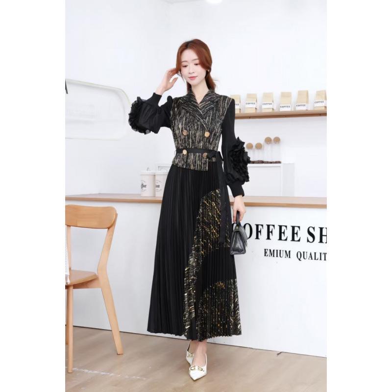 European and American Panhua 3D Floral Pleated Dress with Lantern Sleeves and Large Swing Skirt