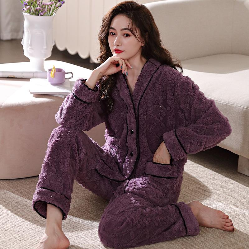 

Women s Winter Flannel Pajama Set - Thick Long Sleeve, Pants, Cardigan, Warm, Casual, Loose Fit XL (Height: 165-170 cm, Weight: 120-140 kg)
