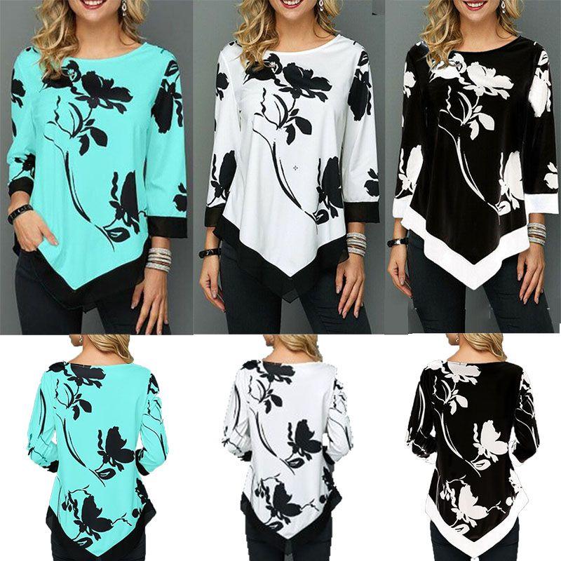 Irregular Women Floral Blouse Tee Ladies Long Sleeve Casual Loose Tshirt S5xl