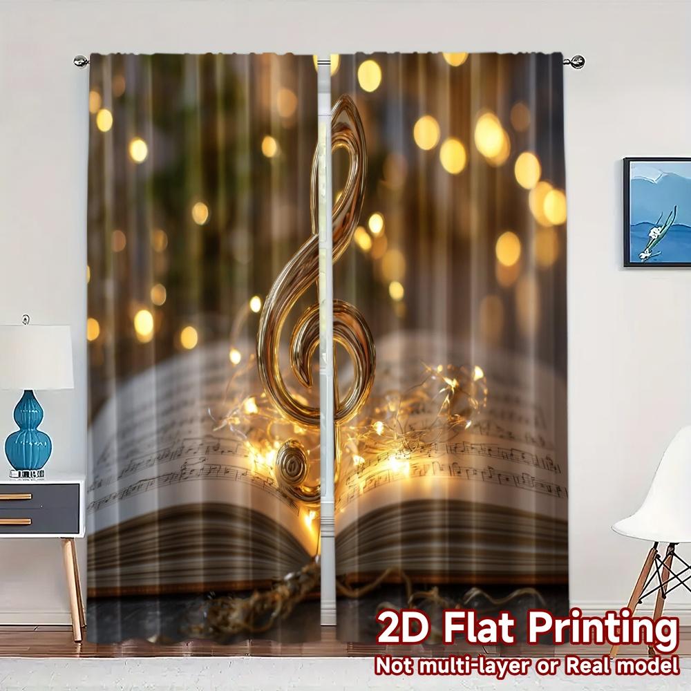 2pcs, 2D FLAT PRINTING Curtains (Without Rod) Golden Melody Light Filtering Popular Curtains Machine Washable Fabric Curtains