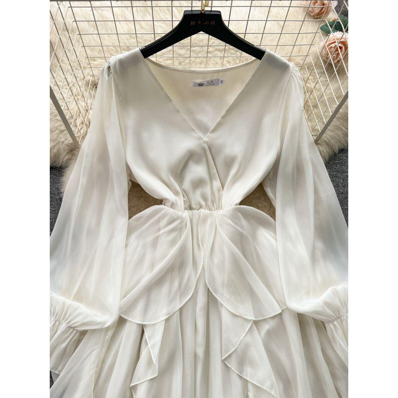 Elegant V Neck Silm Mid Length Long Length Ruffles Dress