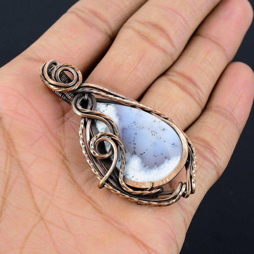 Dendrite Opal 999 Copper Wire Wrapped Pendant, Handmade Gemstone Jewelry Pendant Gift For Birthday
