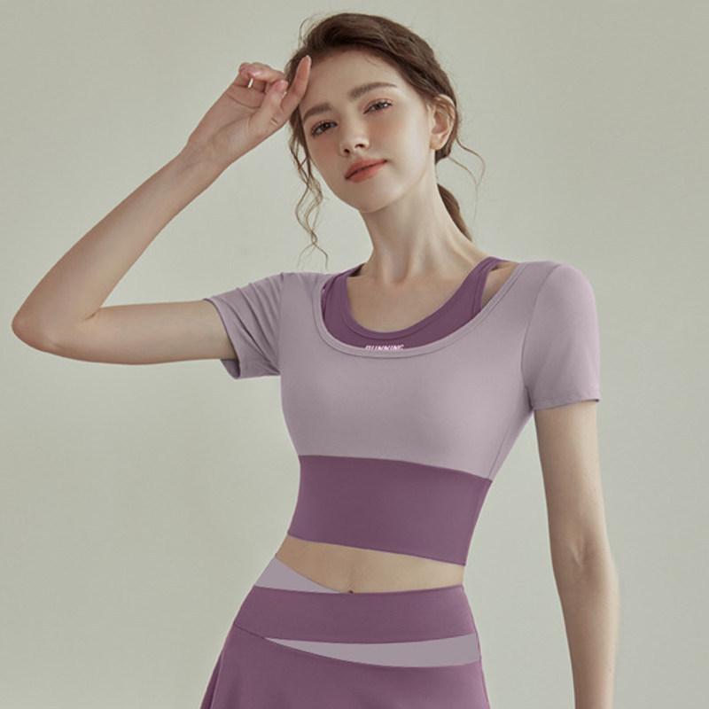 Anti-Light Women s Two-Piece Yoga Set: Short Sleeve Top & Skirt, Quick-Dry, Color Block Fitness Shorts. S