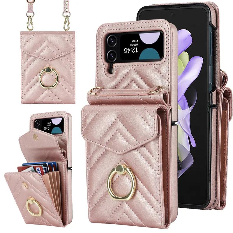 Lanyard Leather Wallet Card Phone Case for Samsung Galaxy Z Flip 7 6 5 4 3 Flip6 Flip5 Flip4 Flip3 Crossbody Ring Holder Cover