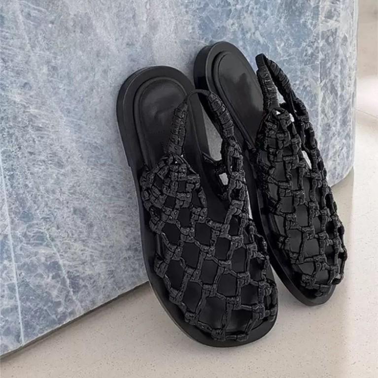 Cowhide version~ niche fishing net woven hollow flat-bottomed Roman sandals women's 2025 new summer new cool slippers