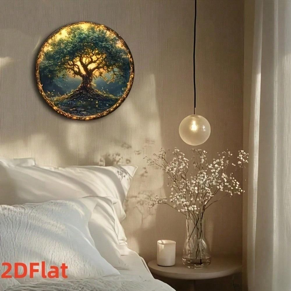 Vintage Tree of Life Wall Art Round 8x8 Inch Mandala Wood Decor Golden Leaves Sunlit Forest Handmade Bohemian Hanging