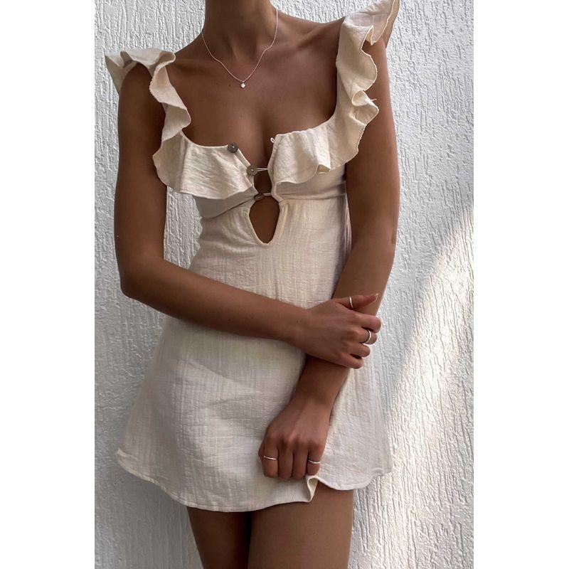 

2024 Fashion New Sexy Ruffled Spaghetti Straps Skirt Dress Women Beige White S