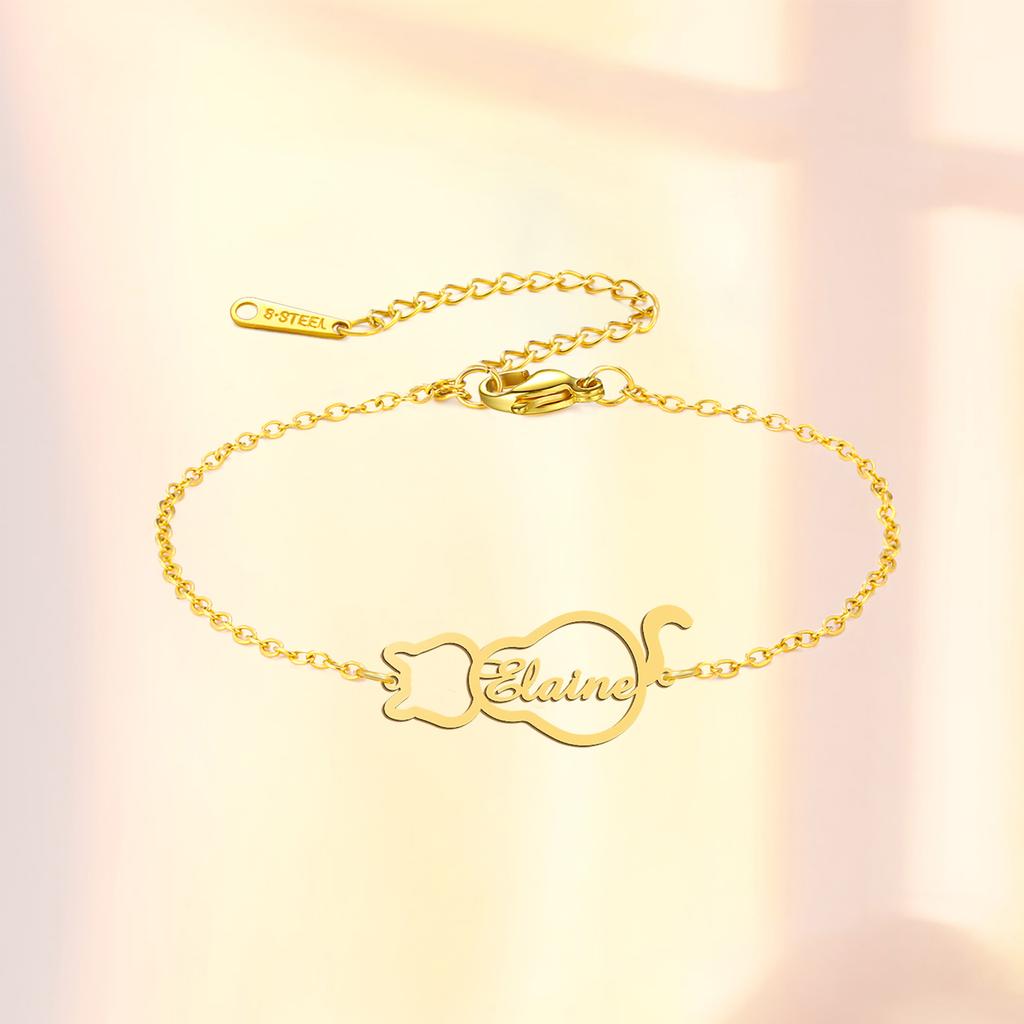 Lemegeton Personalized Name Bracelets Custom Cat Pendant for Women Child Stainless Steel Jewelry Bracelet Family Birthday Gifts