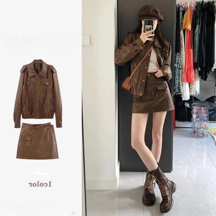 Women's Retro PU Leather Faux Sheepskin Motorcycle Jacket and Fashion Short Skirt Two-Piece Set (Spring/Autumn 2023)
