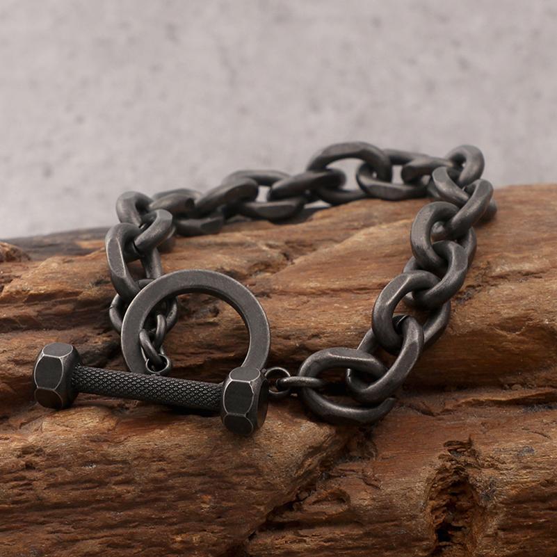 Vintage Men's Black Stainless Steel Link Chain Bracelets for Man 7.5" Barbell Shape Friendship Male Bracelets & Bangles Jewelry