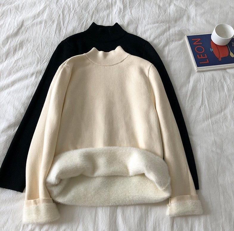 Γυναικεία Πλεκτή Μπλούζα Φλις: Ημιυψηλός λαιμός, με βελούδο, χοντρή, ευέλικτη βασική στρώση για φθινόπωρο/χειμώνα.