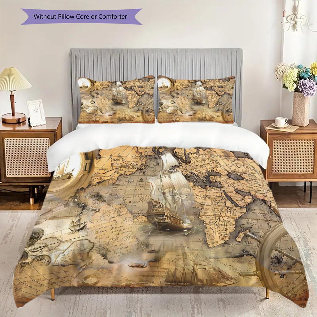 Vintage Maritime Adventure Map Three-piece set (1 * duvet cover + 2 * pillowcase, without core) 2D Flat Duvet cover and pillowcase