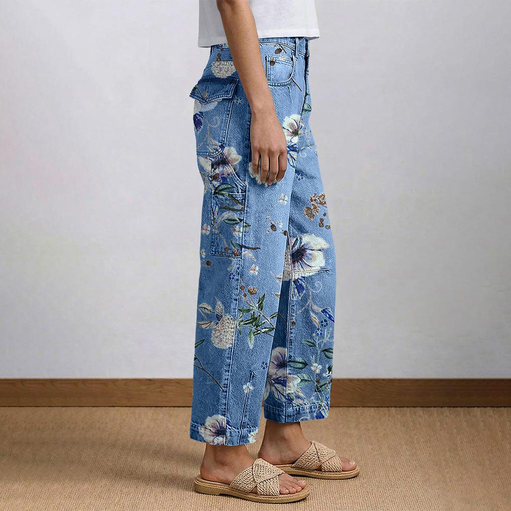 Women's & Versatile High-Waisted Denim Trousers With Floral Print