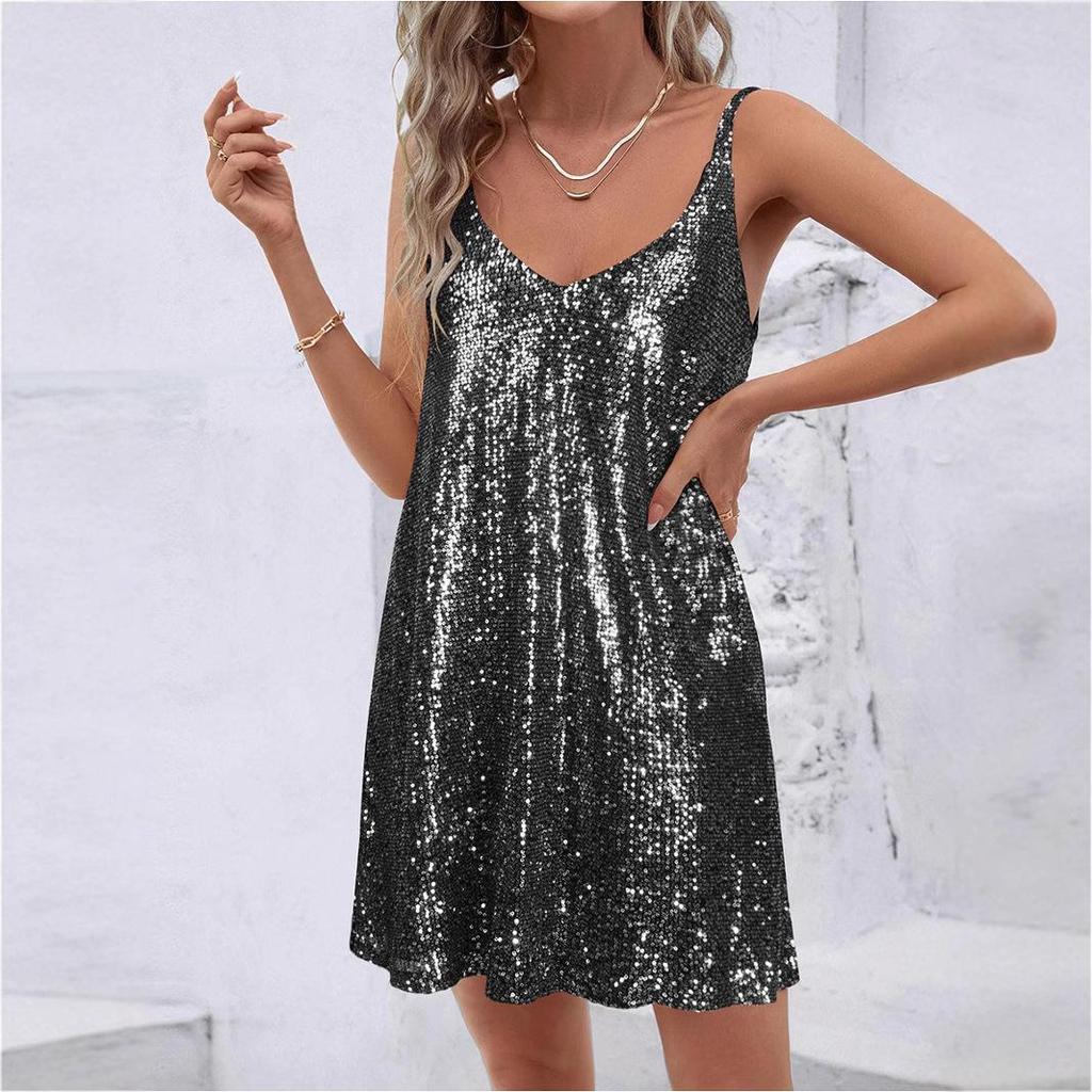 European & American V-neck Sequin Sling Dress for Women - Sexy Nightclub Style